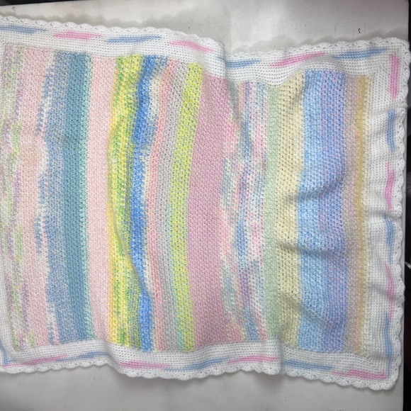Other - Vtg Pastel‎ Crochet Baby Blanket, Handmade Knit Stripes White Trim Soft READ
